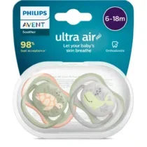 Lot de 2 sucettes Philips Avent Ultra Air Animals 6‑18 mois – coques extra-ventilées, silicone orthodontique, 98 % d’acceptation, étui micro-ondes.